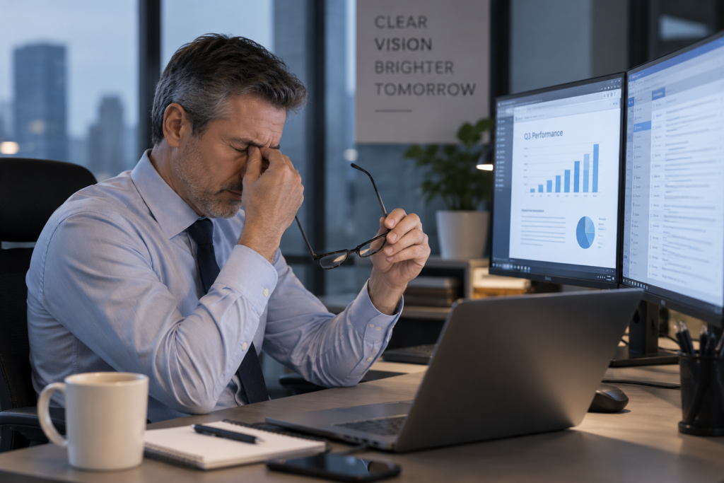 Professional working at multiple computer monitors while experiencing dry and tired eyes.